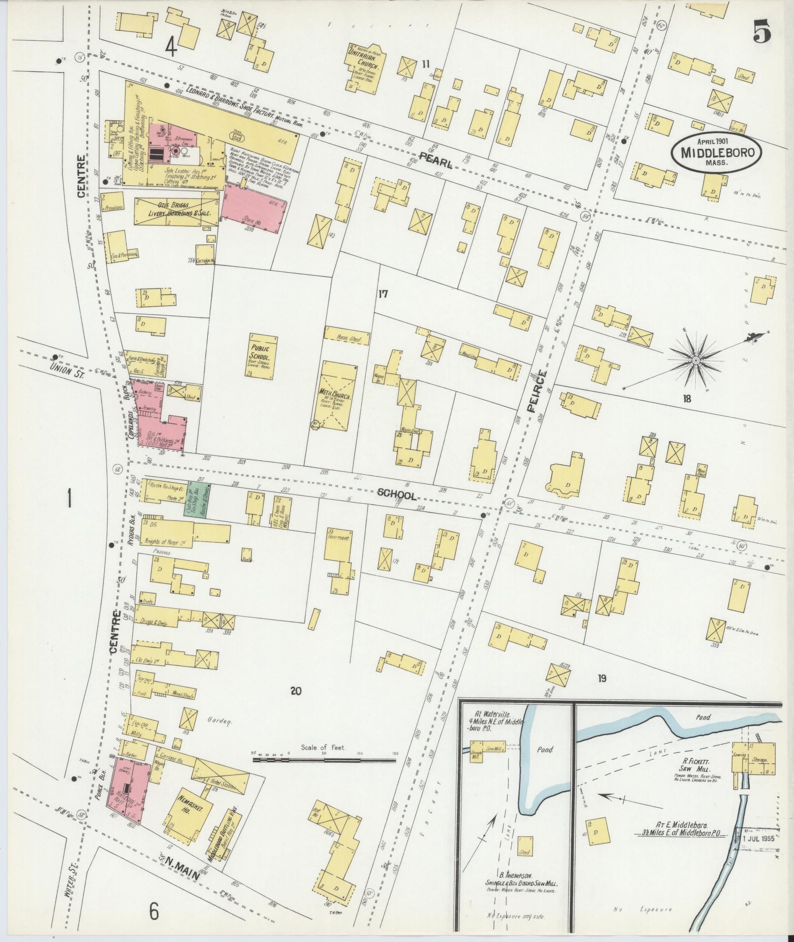 Sanborn Fire Insurance Map from Middleboro, Plymouth County, Massachusetts (1901), Sheet #0005 - Historic Sanborn Fire Insurance Map Print, vintage old map wall art, antique decor, genealogy gift, Massachusetts Massachusetts map