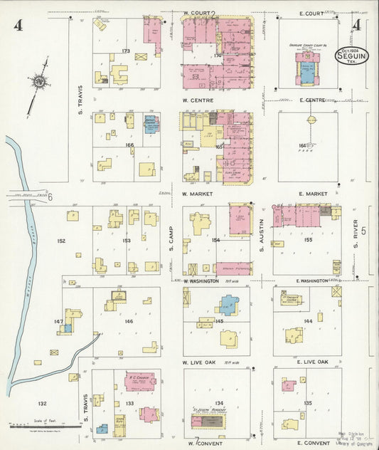 Sanborn Fire Insurance Map from Seguin, Guadalupe County, Texas (1924), Sheet #0004 - Historic Sanborn Fire Insurance Map Print, vintage old map wall art, antique decor, genealogy gift, Texas Texas map
