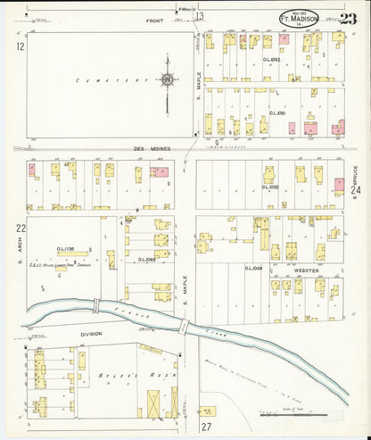 Sanborn Fire Insurance Map from Fort Madison, Lee County, Iowa (1913), Sheet #0023 - Historic Sanborn Fire Insurance Map Print, vintage old map wall art