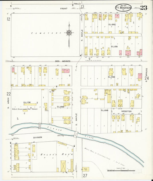 Sanborn Fire Insurance Map from Fort Madison, Lee County, Iowa (1913), Sheet #0023 - Historic Sanborn Fire Insurance Map Print, vintage old map wall art