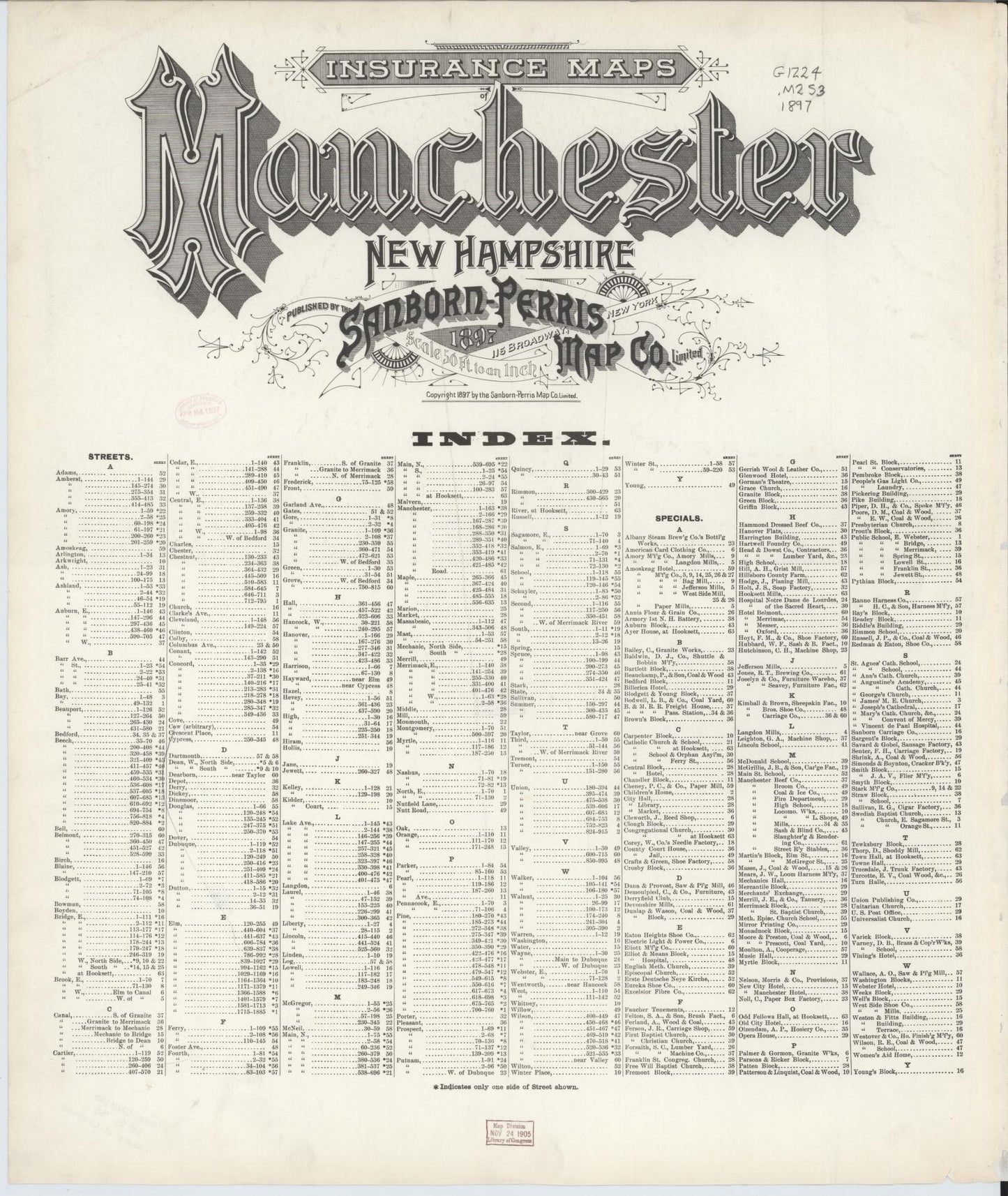 Sanborn Fire Insurance Map from Manchester, Hillsborough County, New Hampshire. (1897), Sheet 1 – Historic Sanborn Fire Insurance Map Print