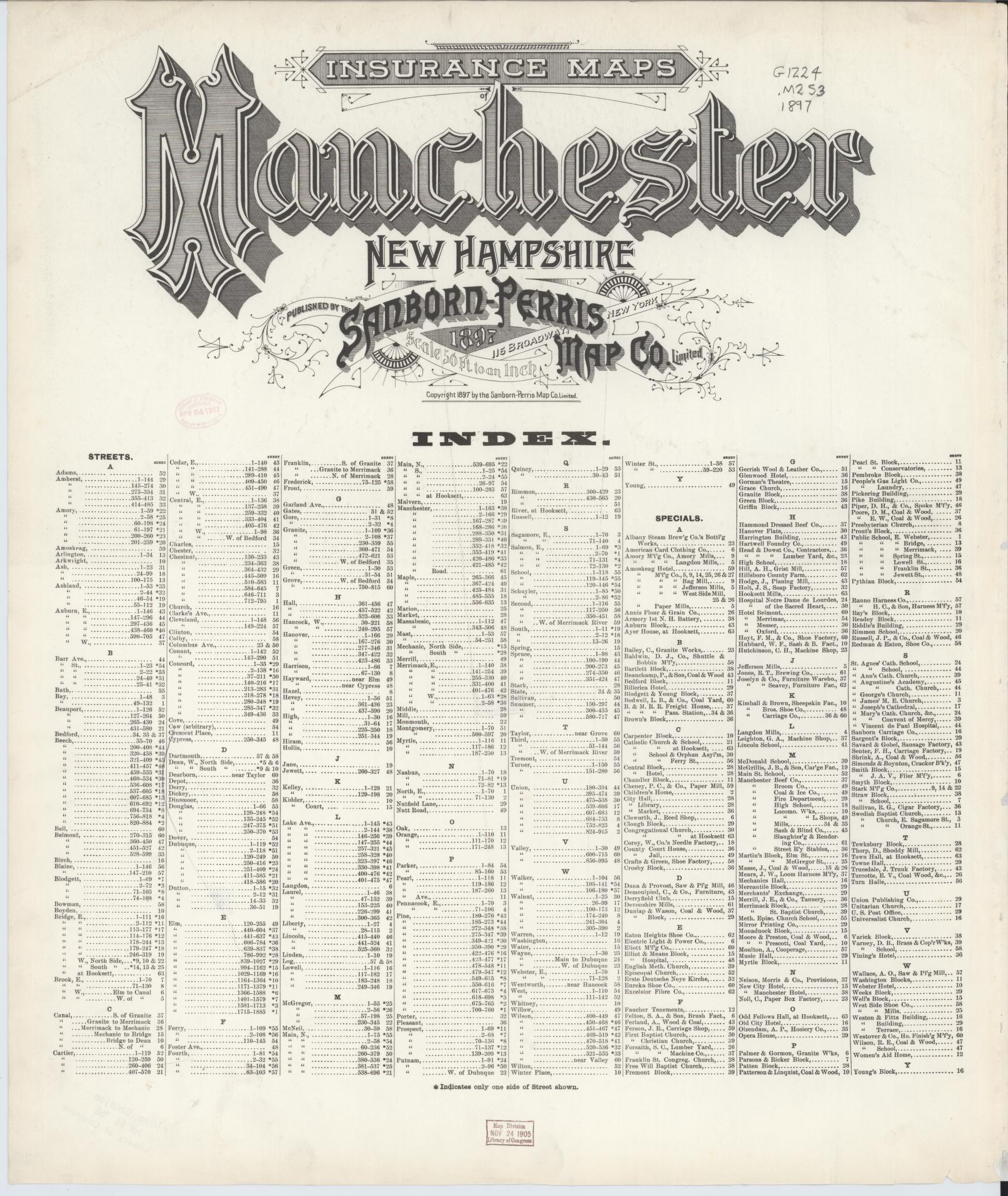 Sanborn Fire Insurance Map from Manchester, Hillsborough County, New Hampshire. (1897), Sheet 1 – Historic Sanborn Fire Insurance Map Print