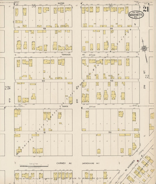 Sanborn Fire Insurance Map from Marinette, Marinette County, Wisconsin (1921), Sheet #0021 - Historic Sanborn Fire Insurance Map Print, vintage old map wall art, antique decor, genealogy gift, Wisconsin Wisconsin map