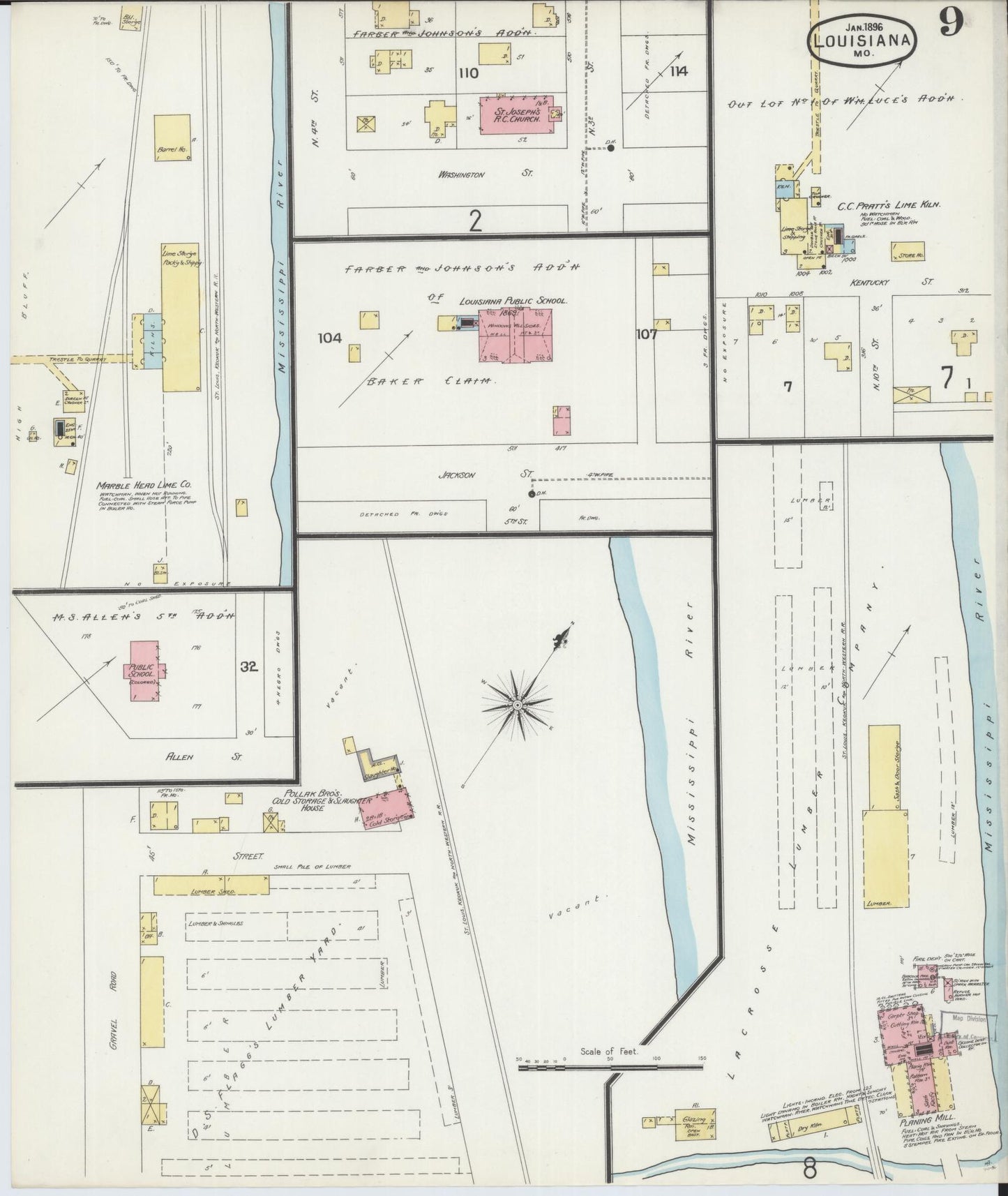 Sanborn Fire Insurance Map from Louisiana, Pike County, Missouri (1896), Sheet #0009 - Complete Map Set gallery image, historic Sanborn map, vintage wall art, Missouri Missouri