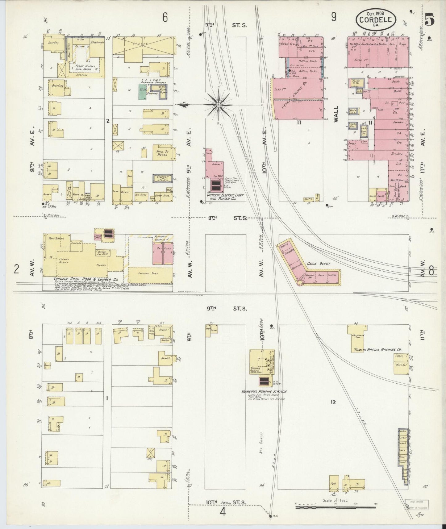 Sanborn Fire Insurance Map from Cordele, Crisp County, Georgia (1908), Sheet #0005 - Historic Sanborn Fire Insurance Map Print, vintage old map wall art, antique decor, genealogy gift, Georgia Georgia map