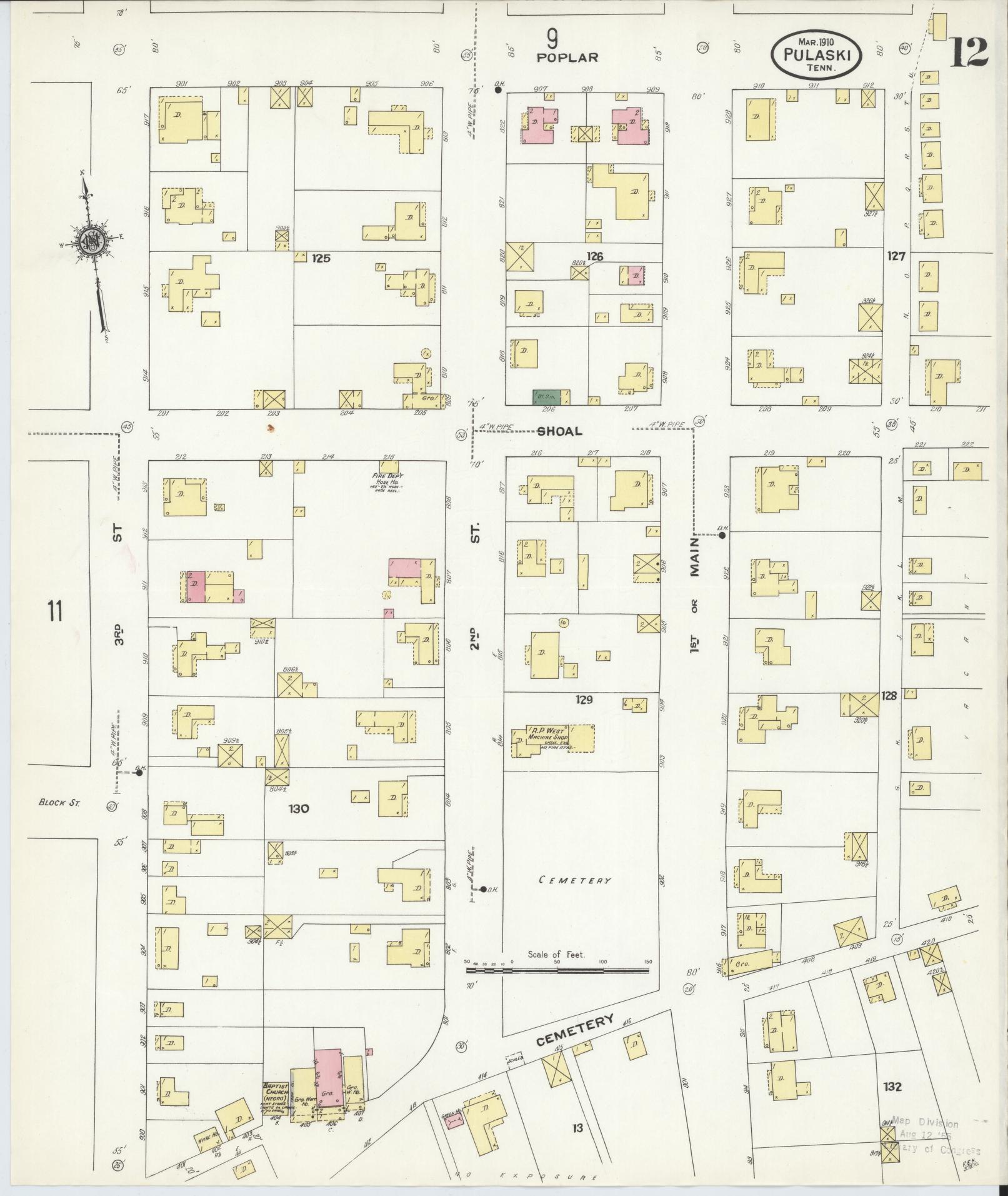 Sanborn Fire Insurance Map from Pulaski, Giles County, Tennessee (1910), Sheet #0012 - Complete Map Set gallery image, historic Sanborn map, vintage wall art, Tennessee Tennessee