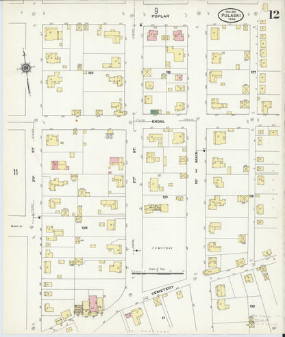 Sanborn Fire Insurance Map from Pulaski, Giles County, Tennessee (1910), Sheet #0012 - Complete Map Set gallery image, historic Sanborn map, vintage wall art, Tennessee Tennessee