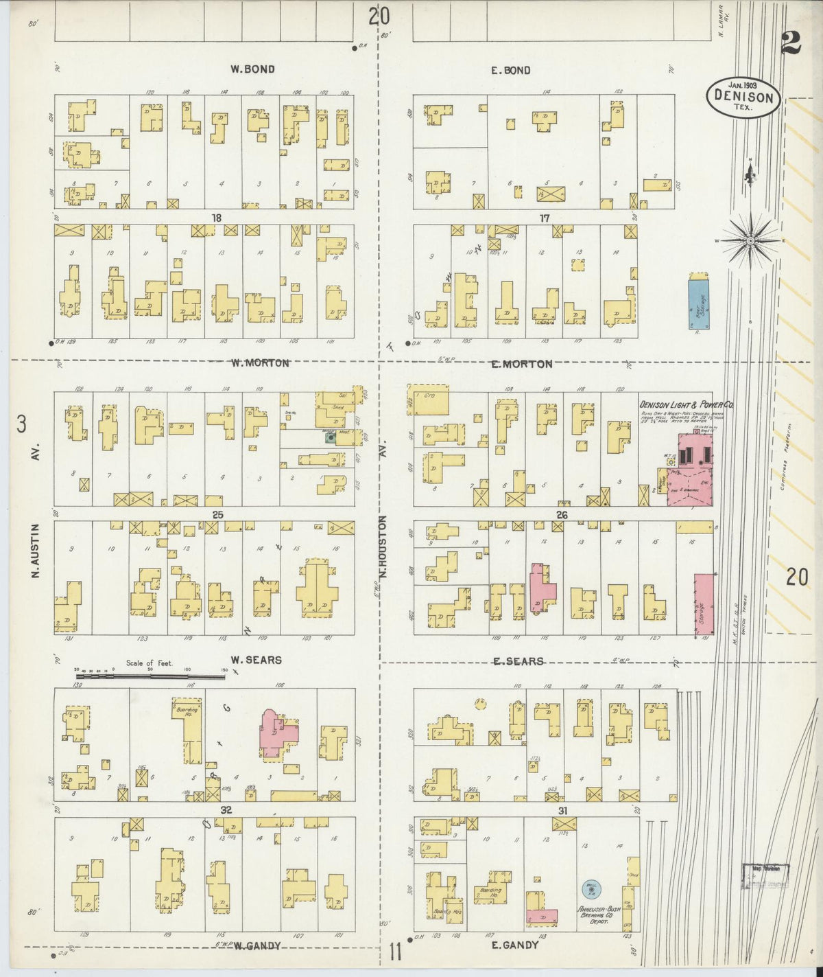 Sanborn Fire Insurance Map from Denison, Grayson County, Texas (1903), Sheet #0002 - Historic Sanborn Fire Insurance Map Print, vintage old map wall art, antique decor, genealogy gift, Texas Texas map