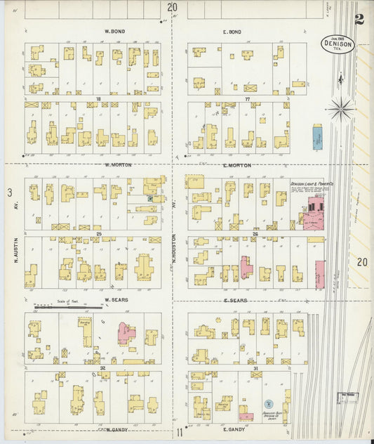 Sanborn Fire Insurance Map from Denison, Grayson County, Texas (1903), Sheet #0002 - Historic Sanborn Fire Insurance Map Print, vintage old map wall art, antique decor, genealogy gift, Texas Texas map