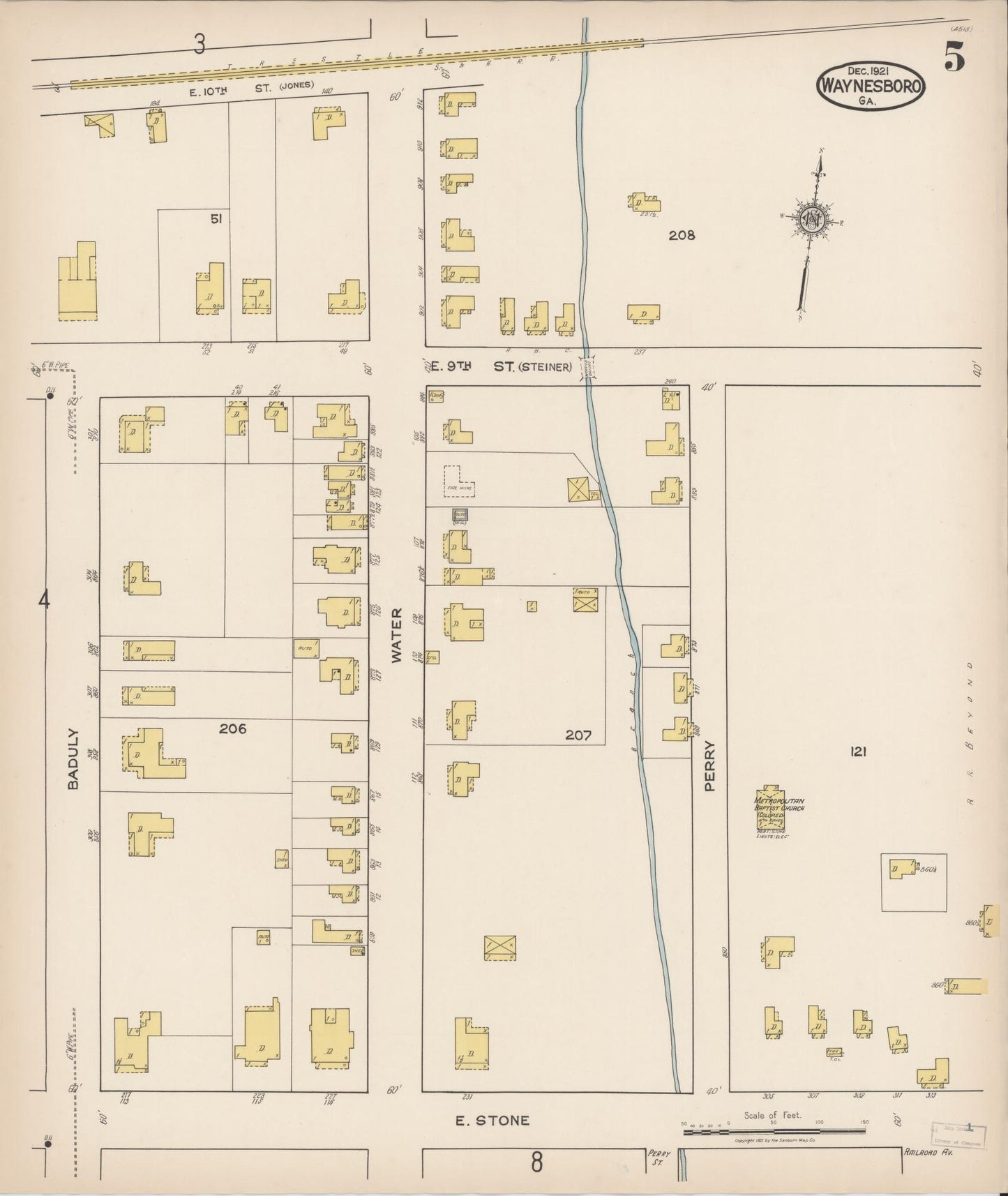 Sanborn Fire Insurance Map from Waynesboro, Burke County, Georgia (1921), Sheet #0005 - Complete Map Set gallery image, historic Sanborn map, vintage wall art, Georgia Georgia