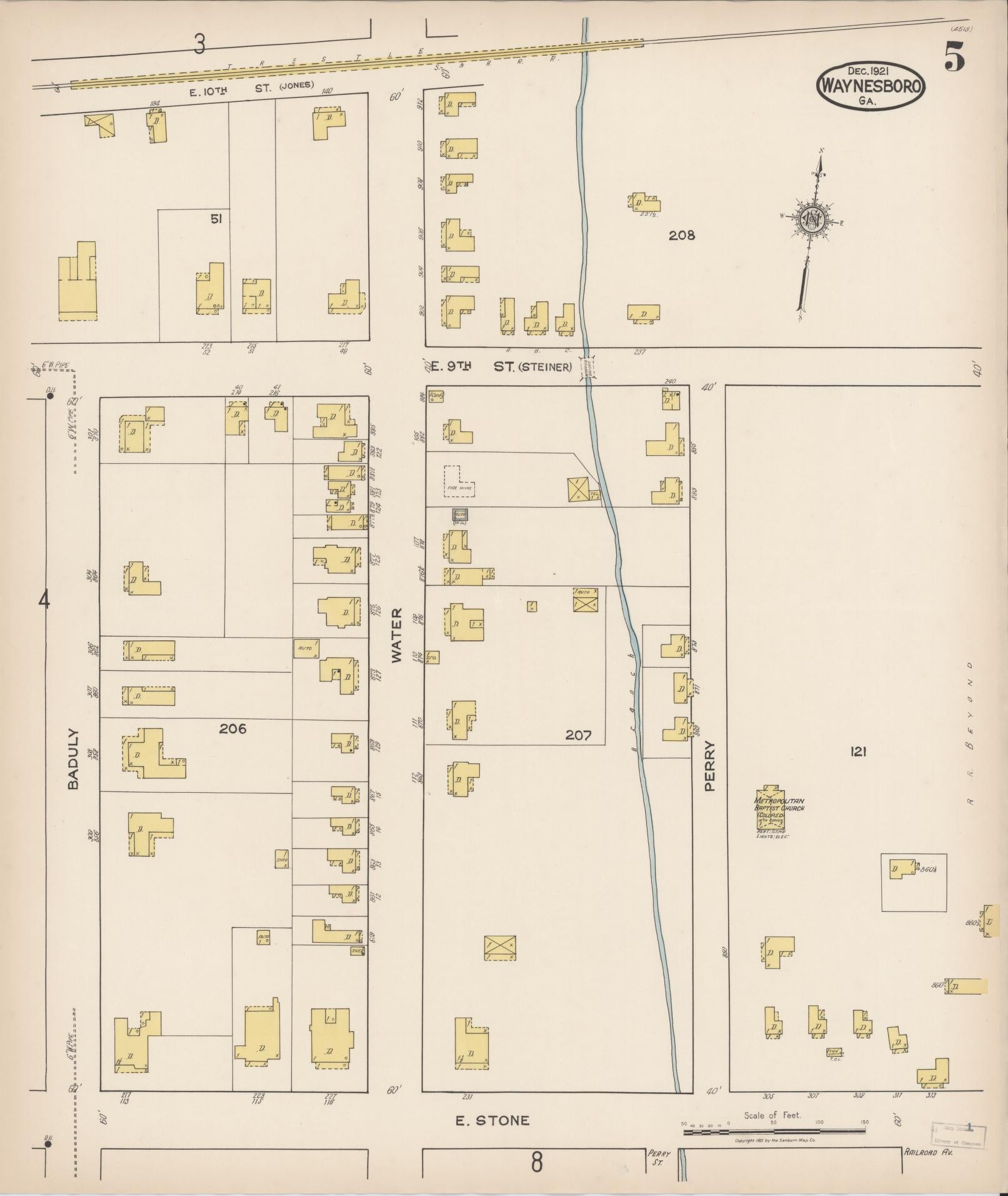 Sanborn Fire Insurance Map from Waynesboro, Burke County, Georgia (1921), Sheet #0005 - Complete Map Set gallery image, historic Sanborn map, vintage wall art, Georgia Georgia