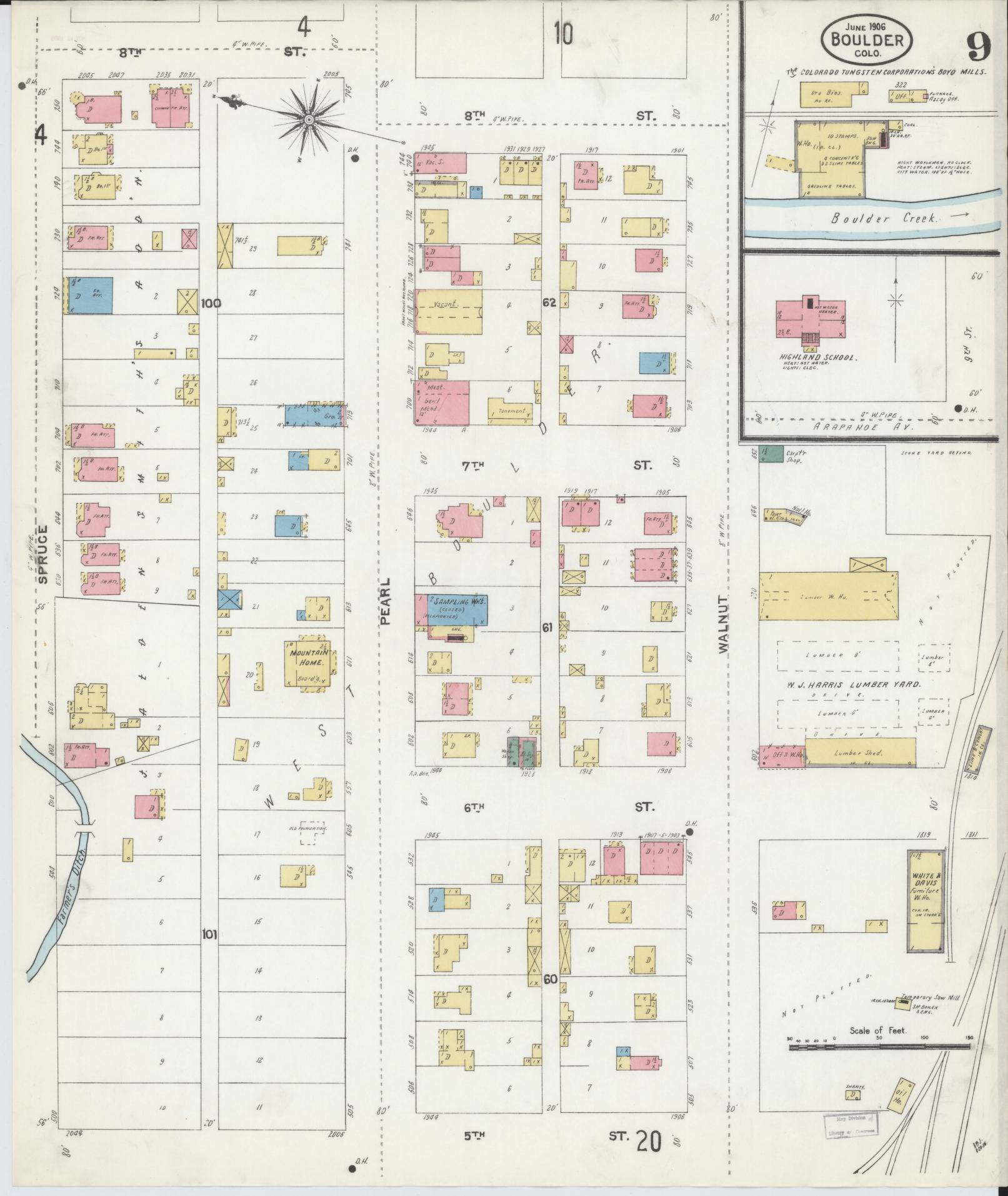 Sanborn Fire Insurance Map from Boulder, Boulder County, Colorado (1906), Sheet #0009 - Historic Sanborn Fire Insurance Map Print, vintage old map wall art, antique decor, genealogy gift, Colorado Colorado map