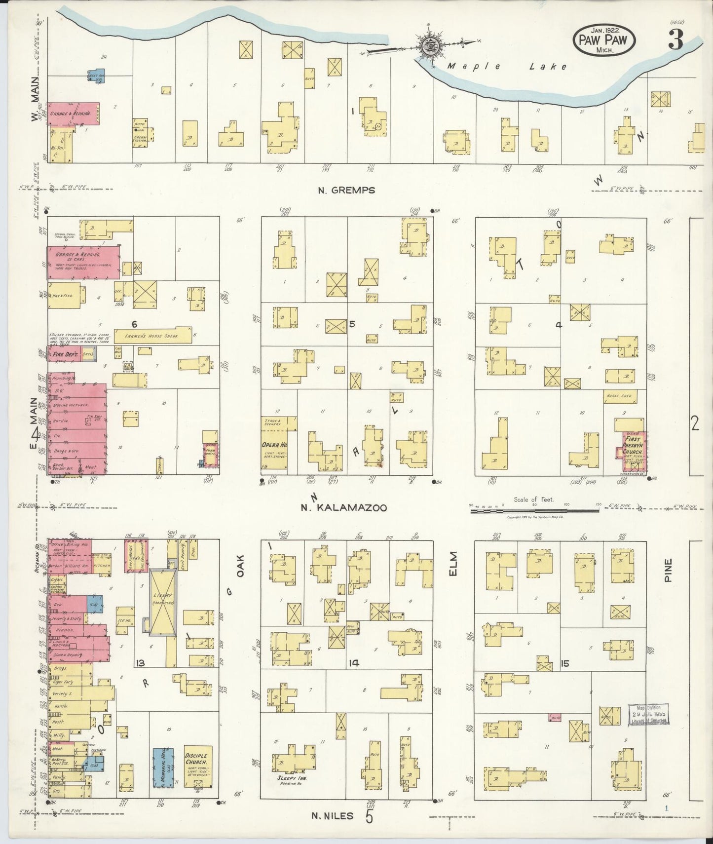 Sanborn Fire Insurance Map from Paw Paw, Van Buren County, Michigan (1922), Sheet #0003 - Complete Map Set gallery image, historic Sanborn map, vintage wall art, Michigan Michigan
