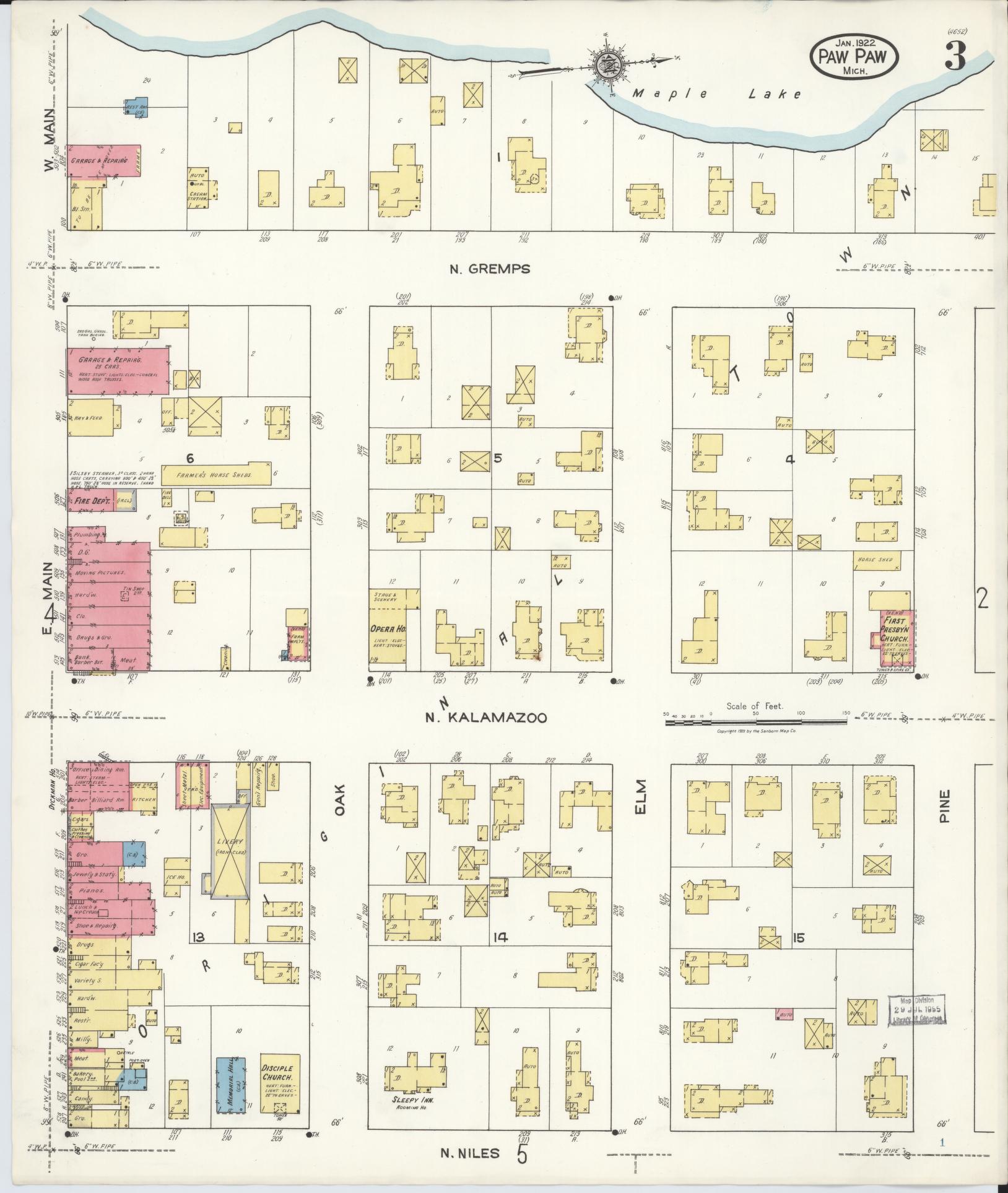 Sanborn Fire Insurance Map from Paw Paw, Van Buren County, Michigan (1922), Sheet #0003 - Complete Map Set gallery image, historic Sanborn map, vintage wall art, Michigan Michigan
