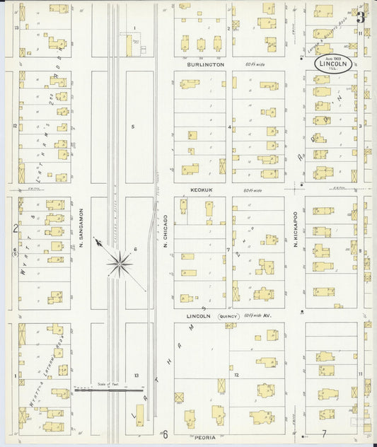 Sanborn Fire Insurance Map from Lincoln, Logan County, Illinois (1909), Sheet #0003 - Historic Sanborn Fire Insurance Map Print, vintage old map wall art, antique decor, genealogy gift, Illinois Illinois map