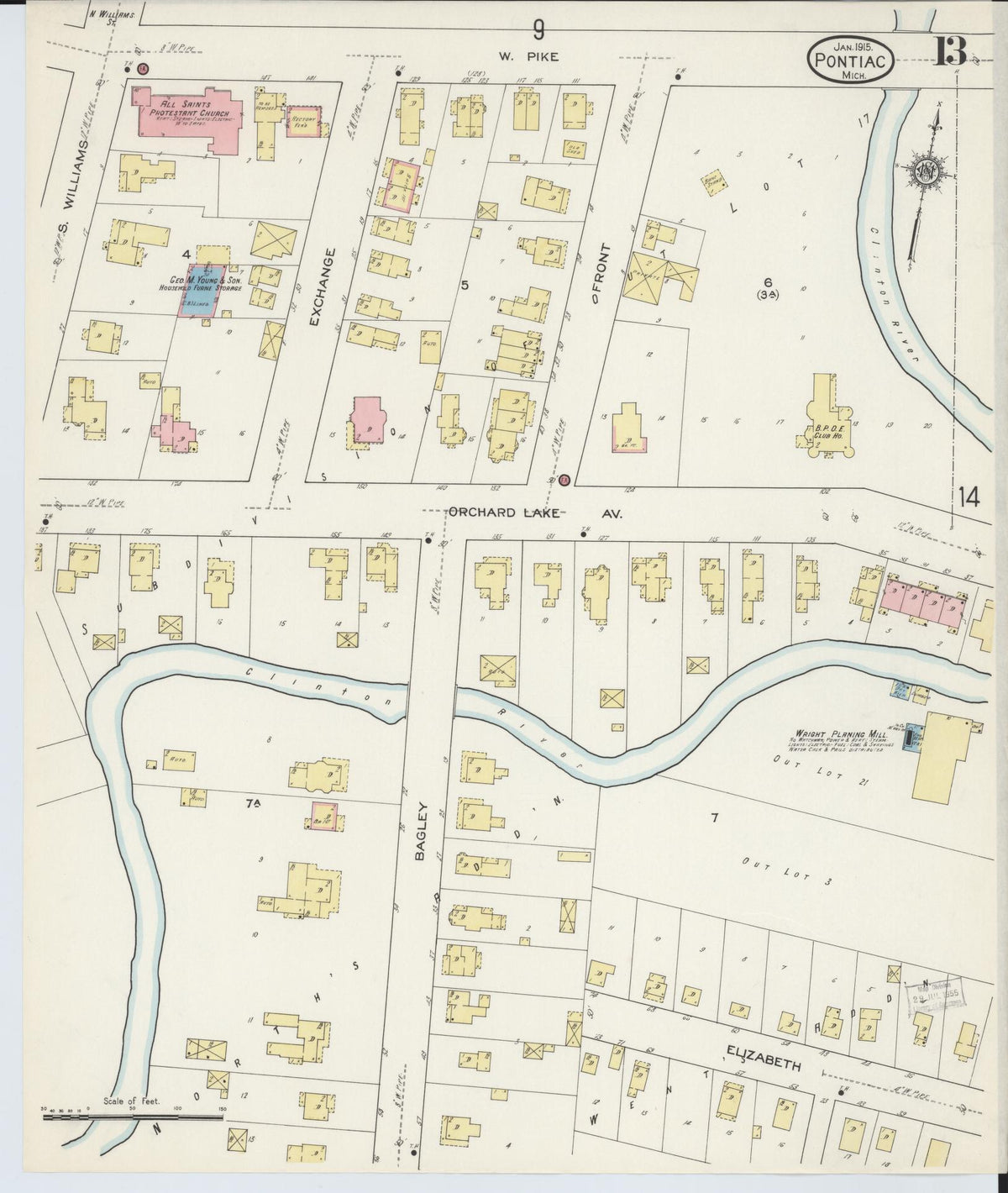 Sanborn Fire Insurance Map from Pontiac, Oakland County, Michigan (1915), Sheet #0013 - Historic Sanborn Fire Insurance Map Print, vintage old map wall art, antique decor, genealogy gift, Michigan Michigan map
