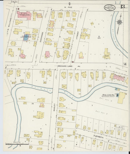 Sanborn Fire Insurance Map from Pontiac, Oakland County, Michigan (1915), Sheet #0013 - Historic Sanborn Fire Insurance Map Print, vintage old map wall art, antique decor, genealogy gift, Michigan Michigan map