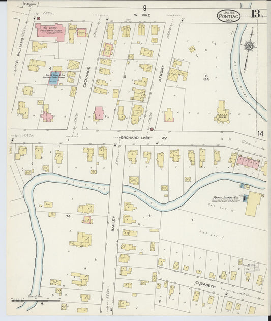 Sanborn Fire Insurance Map from Pontiac, Oakland County, Michigan (1915), Sheet #0013 - Historic Sanborn Fire Insurance Map Print, vintage old map wall art, antique decor, genealogy gift, Michigan Michigan map