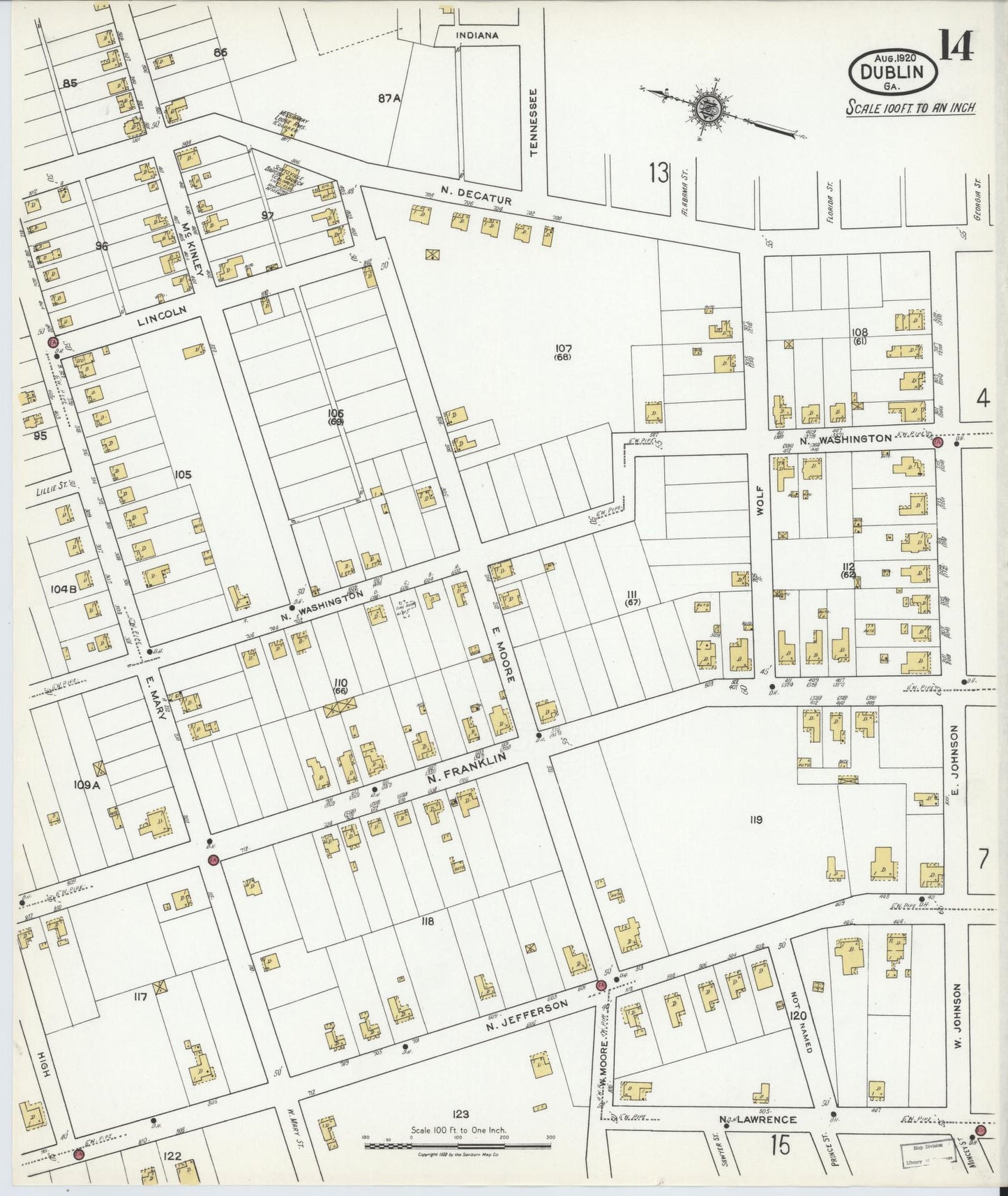 Sanborn Fire Insurance Map from Dublin, Laurens County, Georgia (1920), Sheet #0014 - Historic Sanborn Fire Insurance Map Print, vintage old map wall art, antique decor, genealogy gift, Georgia Georgia map
