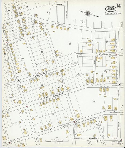 Sanborn Fire Insurance Map from Dublin, Laurens County, Georgia (1920), Sheet #0014 - Historic Sanborn Fire Insurance Map Print, vintage old map wall art, antique decor, genealogy gift, Georgia Georgia map