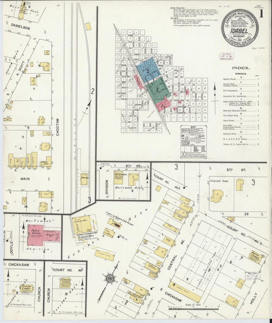 Sanborn Fire Insurance Map from Idabel, McCurtain County, Oklahoma (1911), Sheet #0001 - Historic Sanborn Fire Insurance Map Print, vintage old map wall art, antique decor, genealogy gift, Oklahoma Oklahoma map