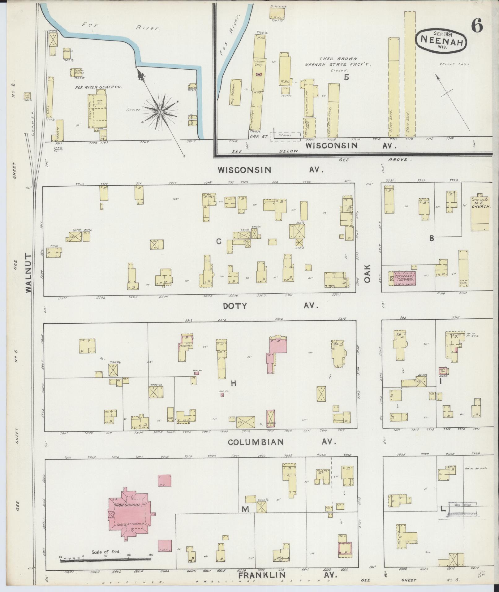 Sanborn Fire Insurance Map from Neenah, Winnebago County, Wisconsin (1891), Sheet #0006 - Historic Sanborn Fire Insurance Map Print, vintage old map wall art, antique decor, genealogy gift, Wisconsin Wisconsin map