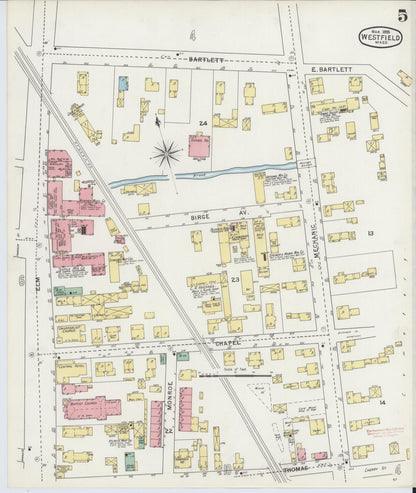 Sanborn Fire Insurance Map from Westfield, Hampden County, Massachusetts (1895), Sheet #0005 - Historic Sanborn Fire Insurance Map Print, vintage old map wall art, antique decor, genealogy gift, Massachusetts Massachusetts map