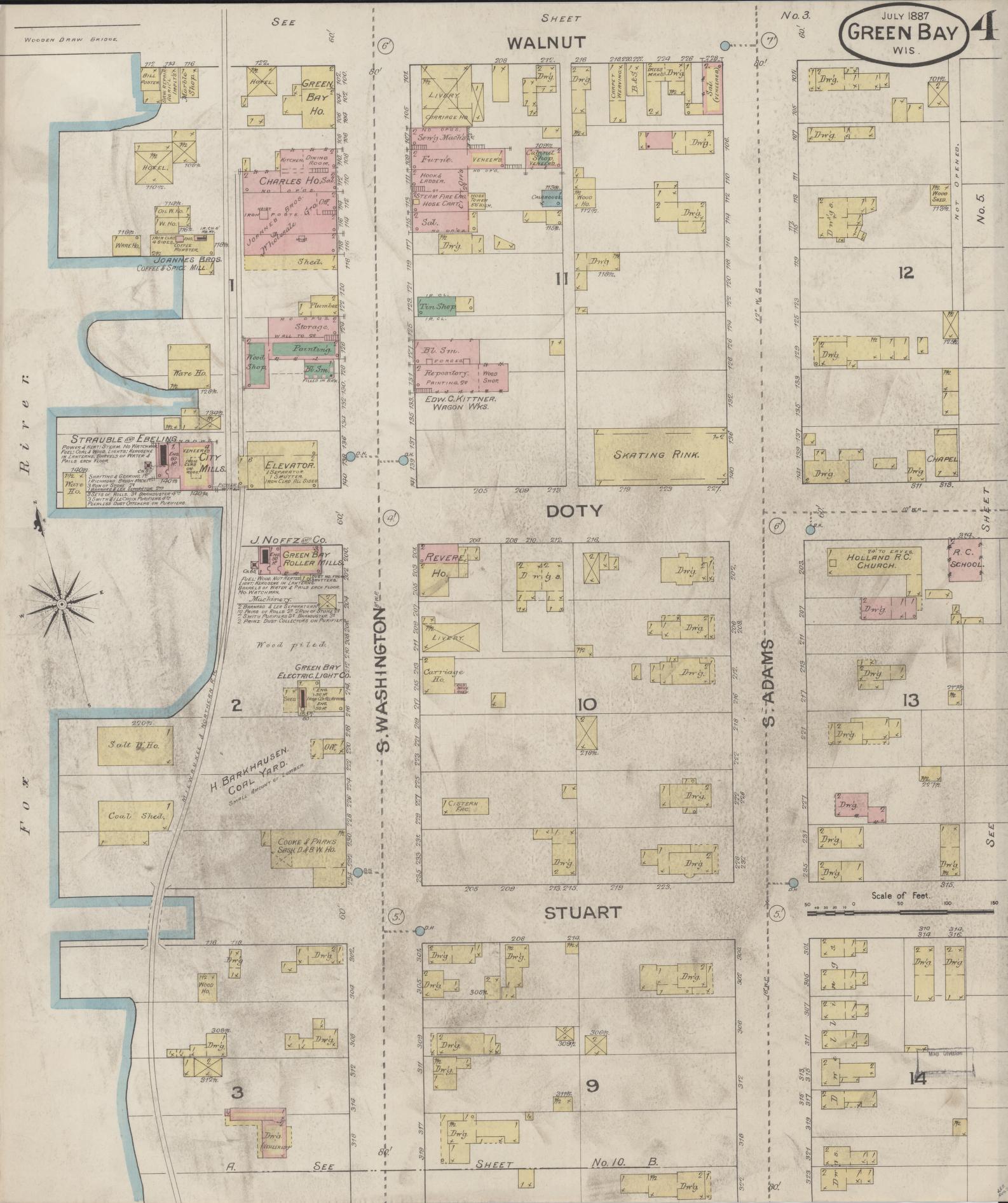 Sanborn Fire Insurance Map from Green Bay, Brown County, Wisconsin (1887), Sheet #0004 - Complete Map Set gallery image, historic Sanborn map, vintage wall art, Wisconsin Wisconsin