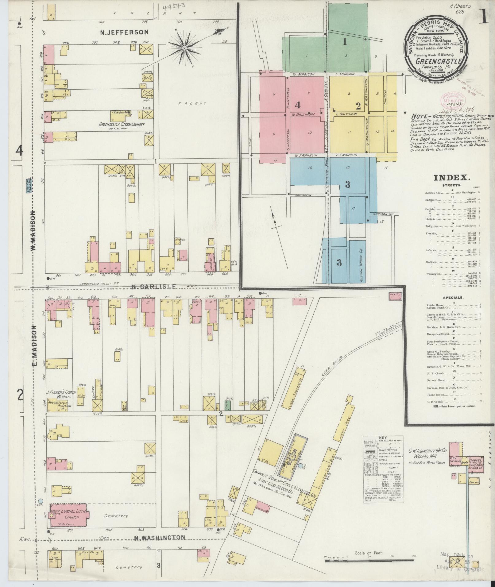 Sanborn Fire Insurance Map from Greencastle, Franklin County, Pennsylvania (1896), Sheet #0001 - Historic Sanborn Fire Insurance Map Print, vintage old map wall art, antique decor, genealogy gift, Pennsylvania Pennsylvania map