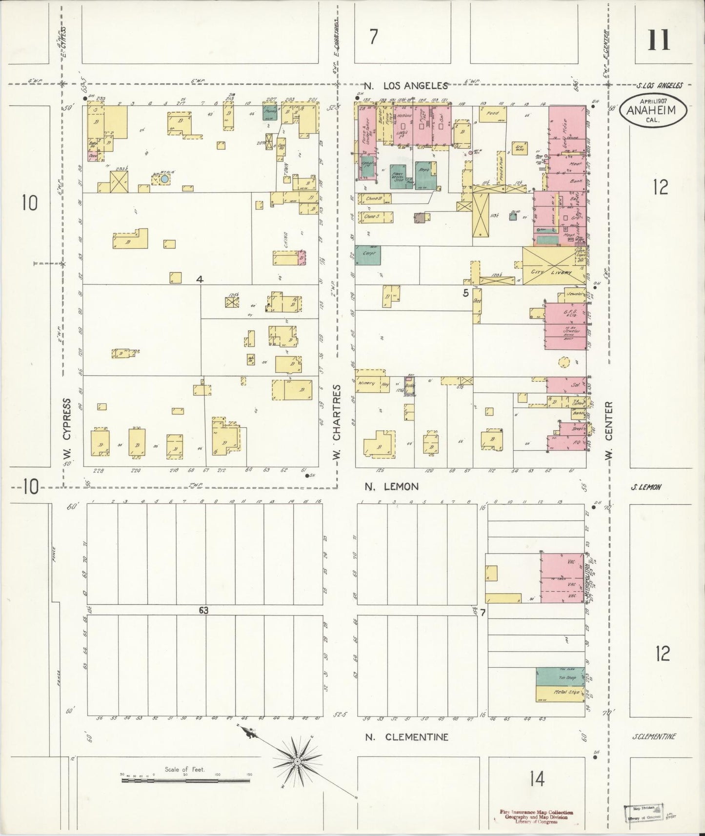 Sanborn Fire Insurance Map from Anaheim, Orange County, California (1907), Sheet #0011 - Historic Sanborn Fire Insurance Map Print, vintage old map wall art, antique decor, genealogy gift, California California map