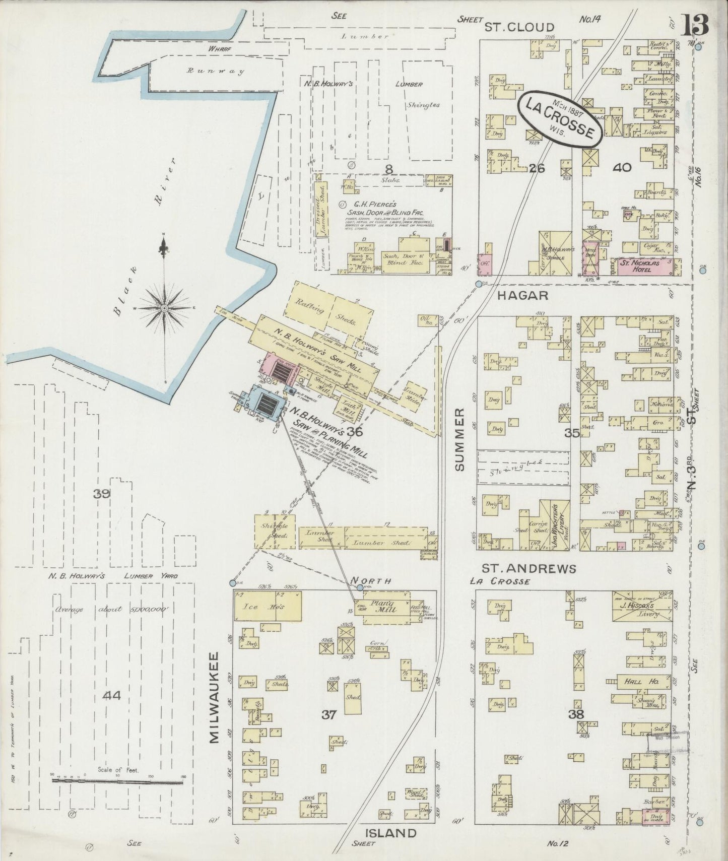 Sanborn Fire Insurance Map from La Crosse, La Crosse County, Wisconsin (1887), Sheet #0013 - Historic Sanborn Fire Insurance Map Print, vintage old map wall art, antique decor, genealogy gift, Wisconsin Wisconsin map