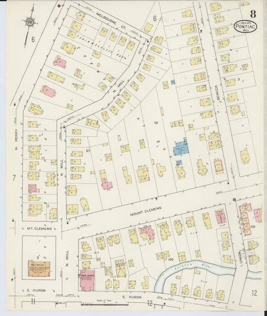 Sanborn Fire Insurance Map from Pontiac, Oakland County, Michigan (1915), Sheet #0008 - Historic Sanborn Fire Insurance Map Print, vintage old map wall art, antique decor, genealogy gift, Michigan Michigan map
