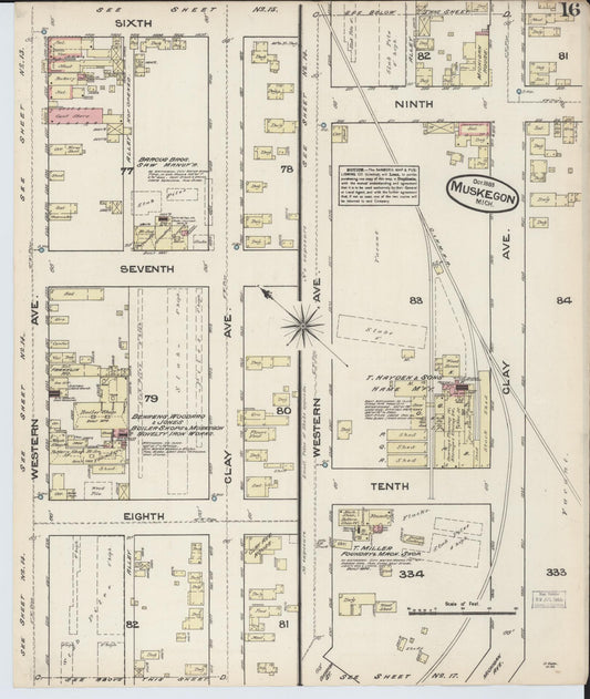 Sanborn Fire Insurance Map from Muskegon, Muskegon County, Michigan (1883), Sheet #0016 - Historic Sanborn Fire Insurance Map Print, vintage old map wall art, antique decor, genealogy gift, Michigan Michigan map