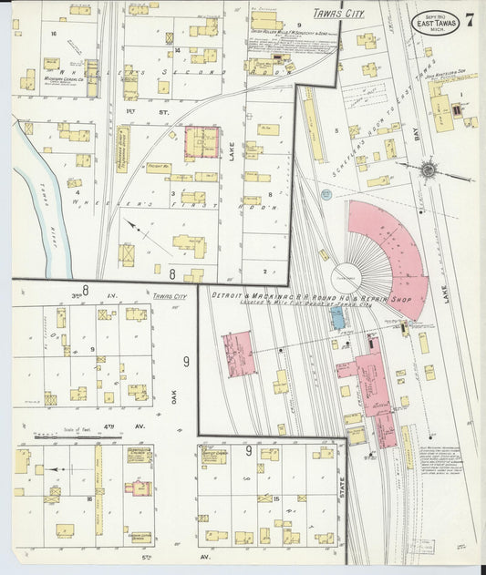 Sanborn Fire Insurance Map from East Tawas, Iosco County, Michigan (1910), Sheet #0007 - Historic Sanborn Fire Insurance Map Print, vintage old map wall art, antique decor, genealogy gift, Michigan Michigan map