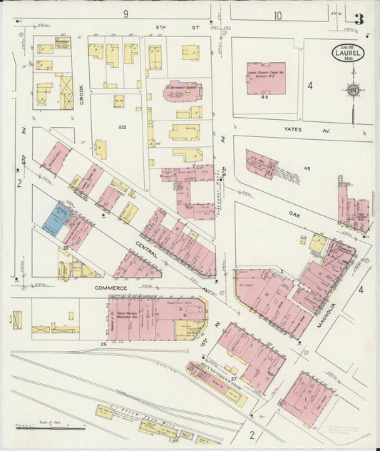 Sanborn Fire Insurance Map from Laurel, Jones County, Mississippi (1915), Sheet #0003 - Historic Sanborn Fire Insurance Map Print, vintage old map wall art, antique decor, genealogy gift, Mississippi Mississippi map