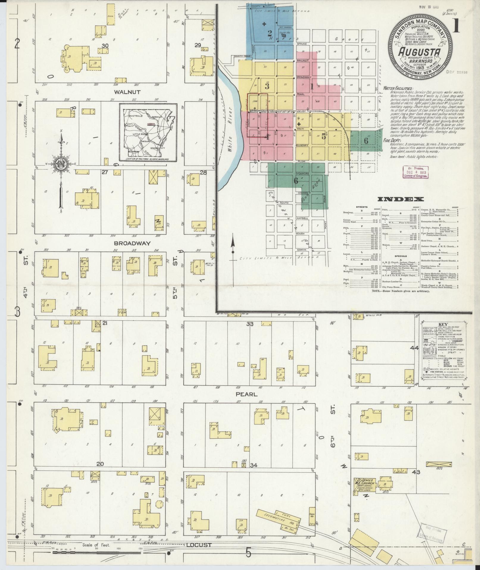 Sanborn Fire Insurance Map from Augusta, Woodruff County, Arkansas (1913), Sheet #0001 - Complete Map Set gallery image, historic Sanborn map, vintage wall art, Arkansas Arkansas