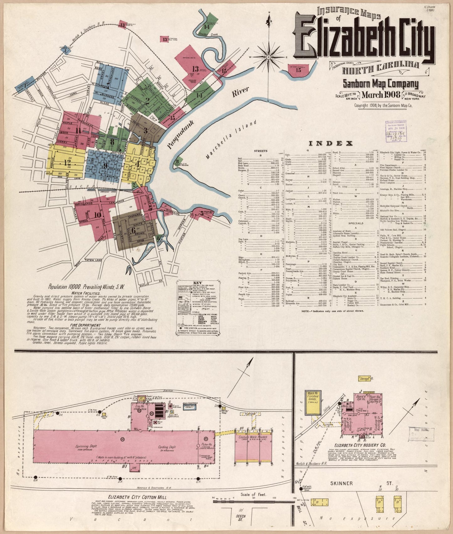 Sanborn Fire Insurance Map from Elizabeth City, Pasquotank County, North Carolina (1908), Sheet #0001 - Historic Sanborn Fire Insurance Map Print, vintage old map wall art, antique decor, genealogy gift, North Carolina North Carolina map