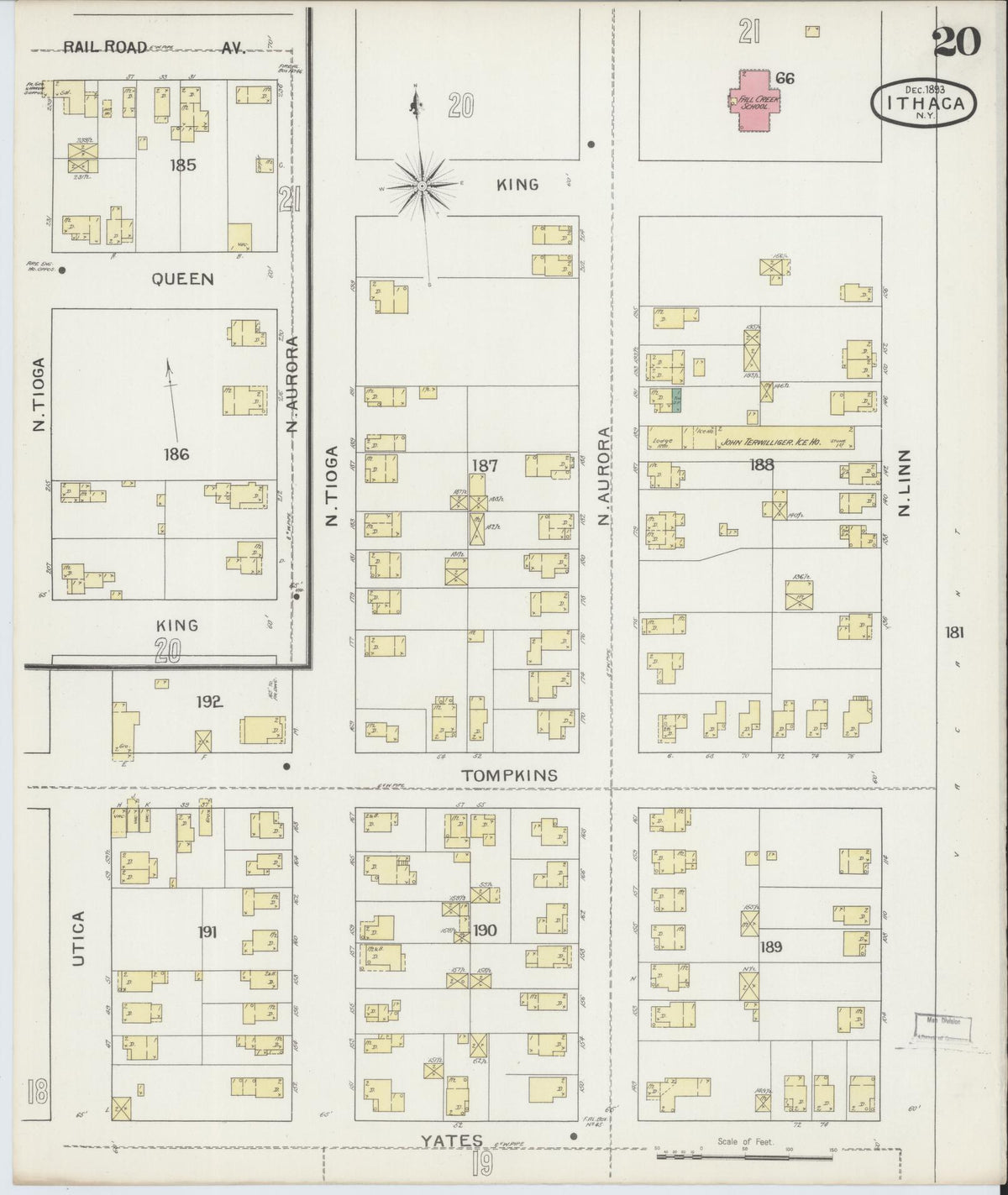 Sanborn Fire Insurance Map from Ithaca, Tompkins County, New York (1893), Sheet #0020 - Historic Sanborn Fire Insurance Map Print, vintage old map wall art, antique decor, genealogy gift, New York New York map