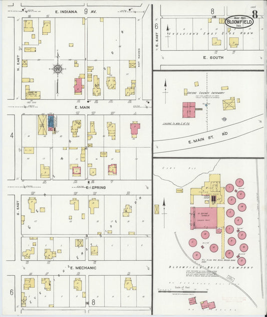 Sanborn Fire Insurance Map from Bloomfield, Greene County, Indiana (1921), Sheet #0008 - Historic Sanborn Fire Insurance Map Print, vintage old map wall art, antique decor, genealogy gift, Indiana Indiana map