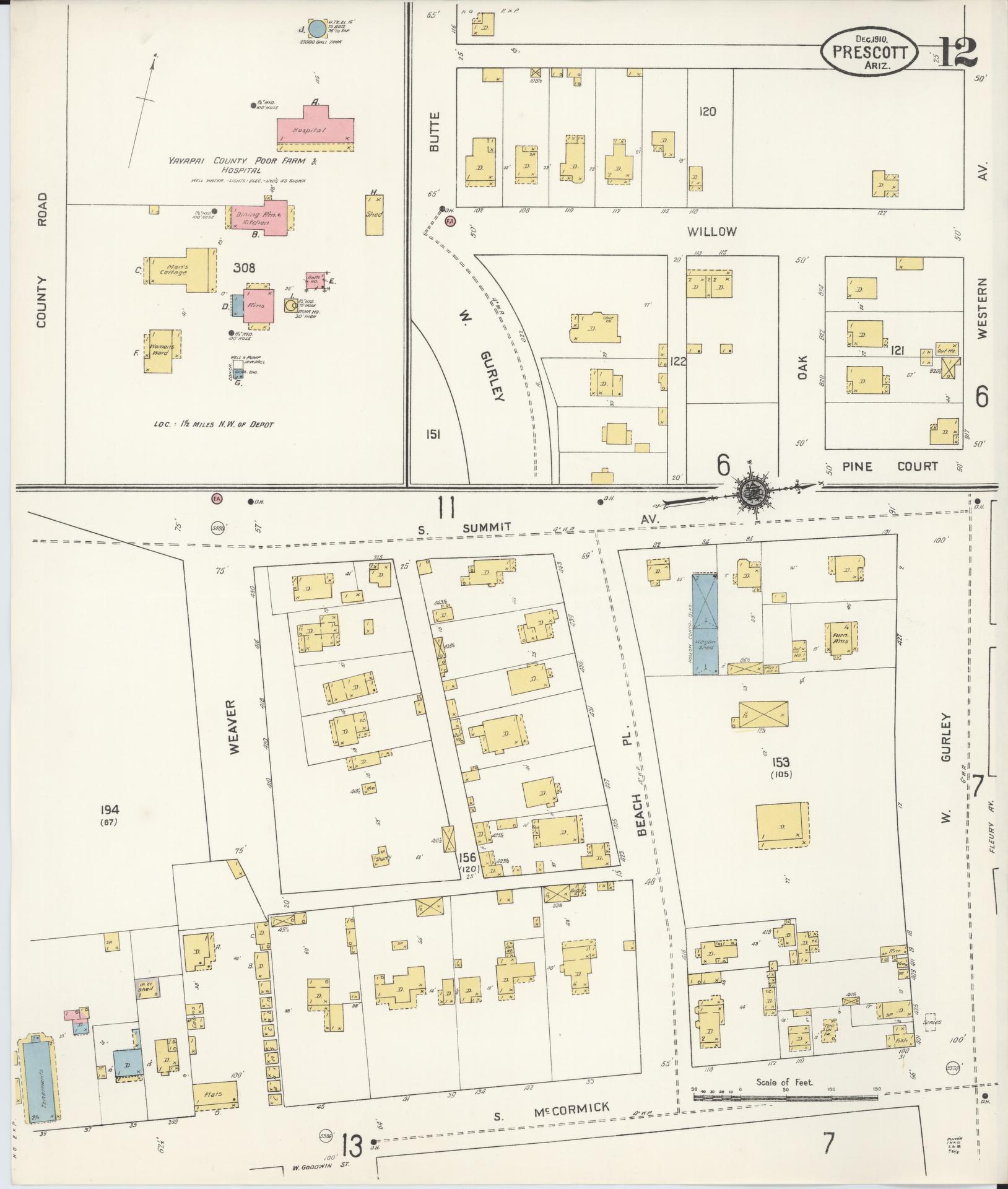 Sanborn Fire Insurance Map from Prescott, Yavapai County, Arizona (1910), Sheet #0012 - Historic Sanborn Fire Insurance Map Print, vintage old map wall art, antique decor, genealogy gift, Arizona Arizona map