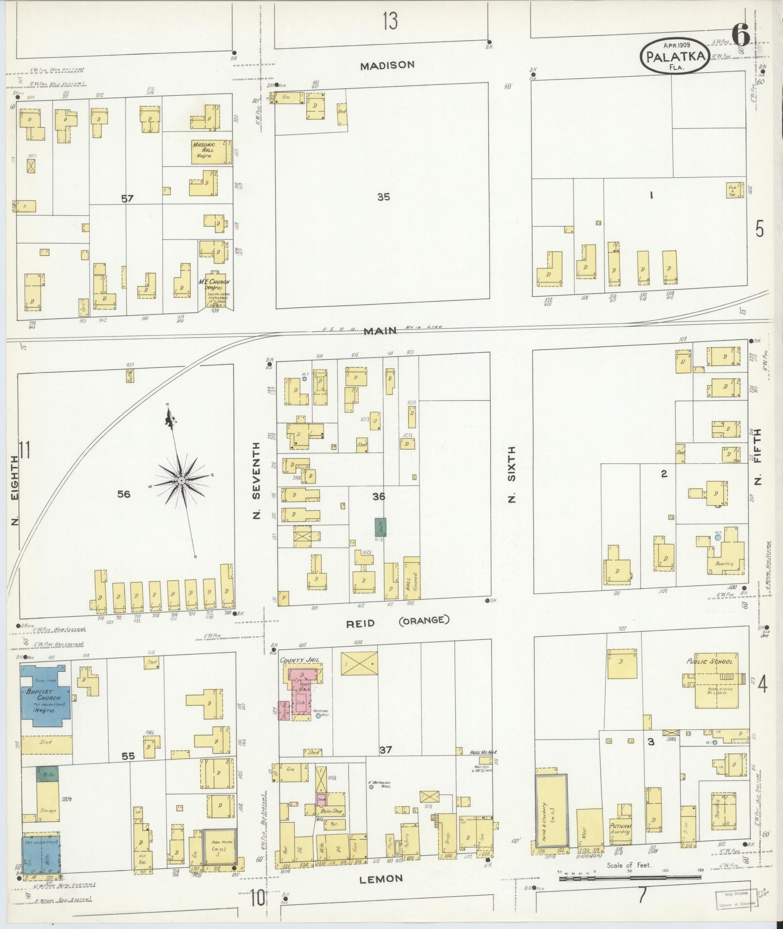 Sanborn Fire Insurance Map from Palatka, Putnam County, Florida (1909), Sheet #0006 - Complete Map Set gallery image, historic Sanborn map, vintage wall art, Florida Florida