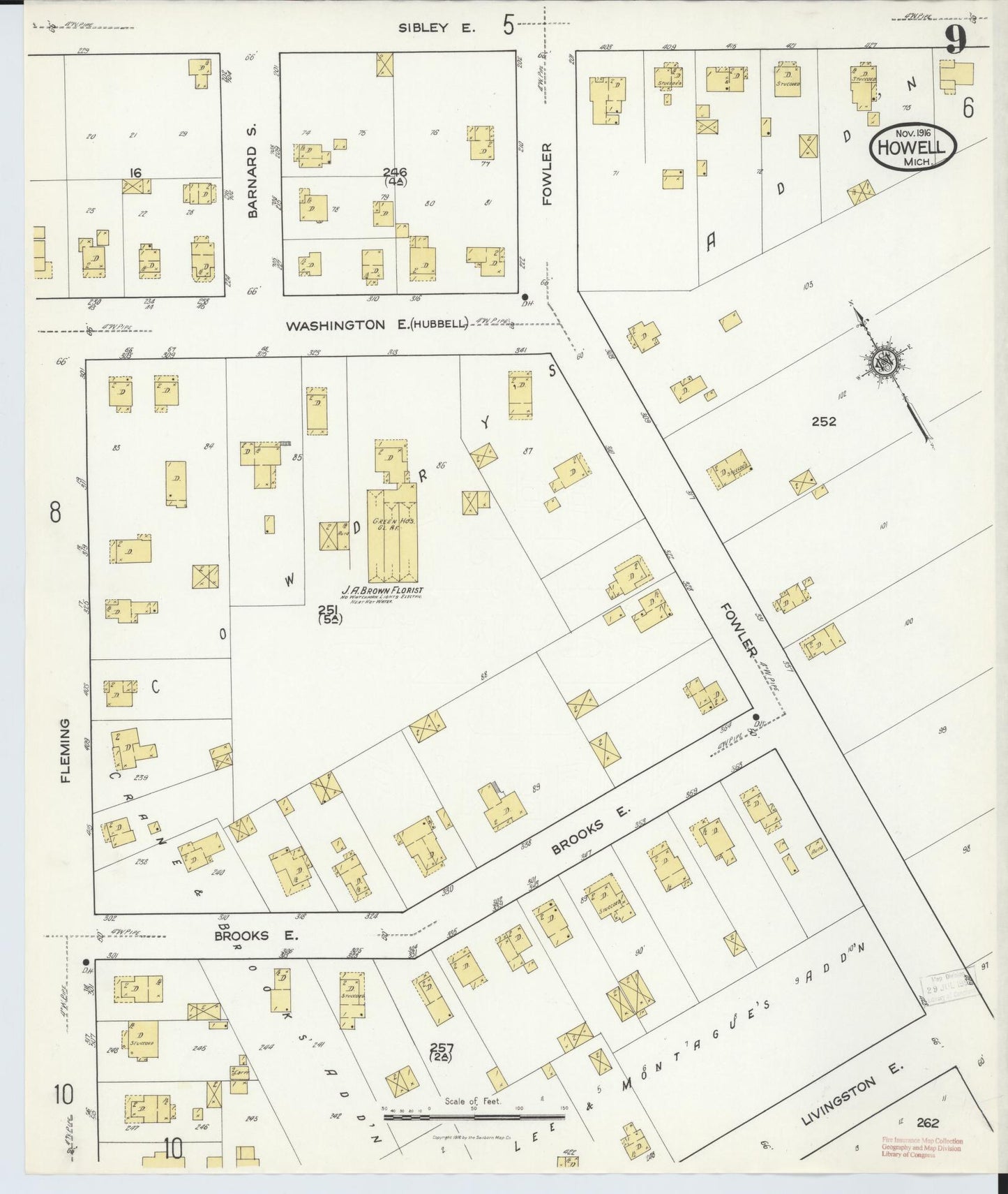 Sanborn Fire Insurance Map from Howell, Livingston County, Michigan (1916), Sheet #0009 - Complete Map Set gallery image, historic Sanborn map, vintage wall art, Michigan Michigan