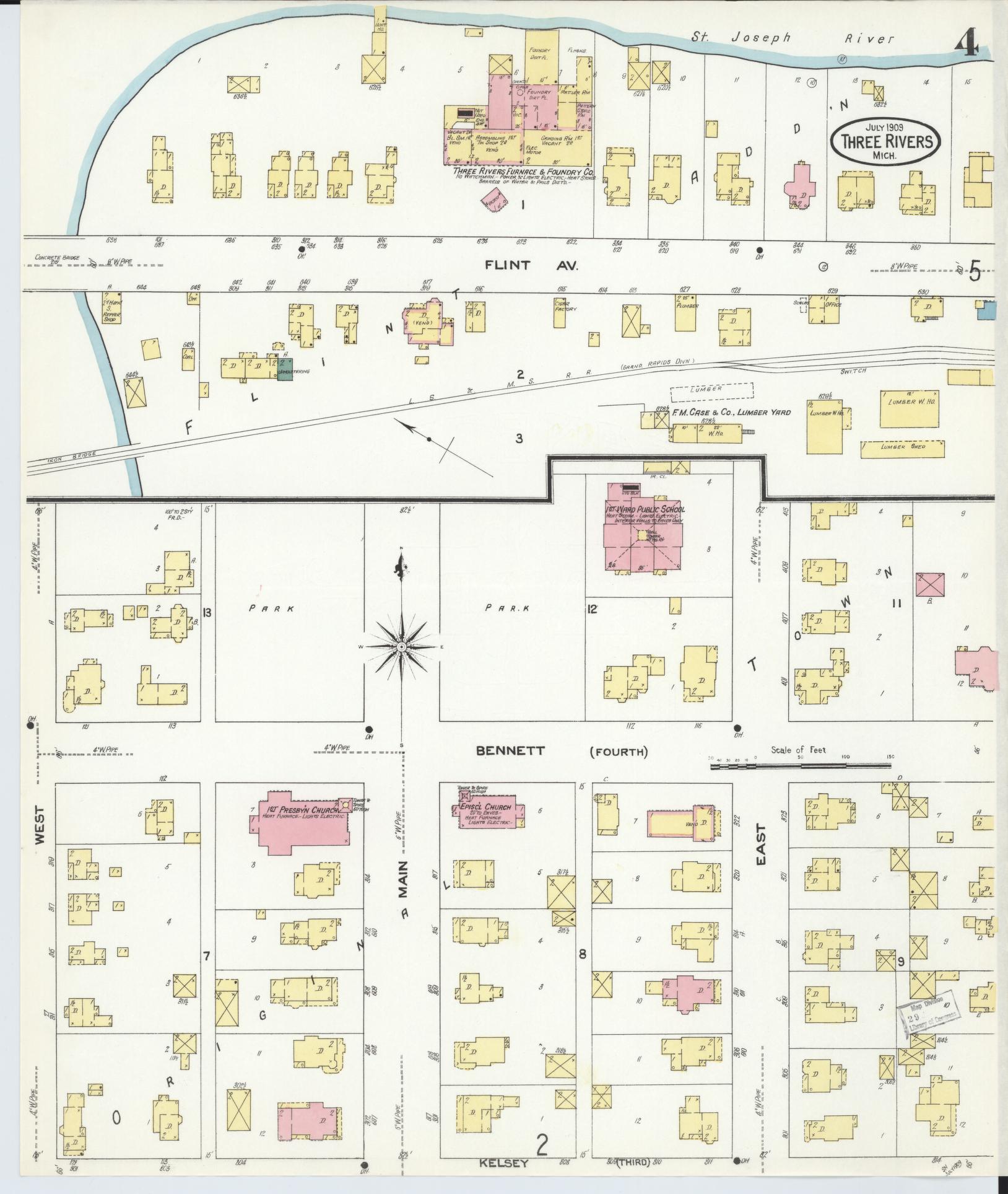 Sanborn Fire Insurance Map from Three Rivers, Saint Joseph County, Michigan (1909), Sheet #0004 - Complete Map Set gallery image, historic Sanborn map, vintage wall art, Michigan Michigan