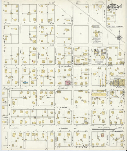 Sanborn Fire Insurance Map from Coleman, Coleman County, Texas (1916), Sheet #0004 - Historic Sanborn Fire Insurance Map Print, vintage old map wall art, antique decor, genealogy gift, Texas Texas map