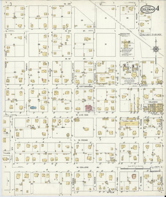 Sanborn Fire Insurance Map from Coleman, Coleman County, Texas (1916), Sheet #0004 - Historic Sanborn Fire Insurance Map Print, vintage old map wall art, antique decor, genealogy gift, Texas Texas map