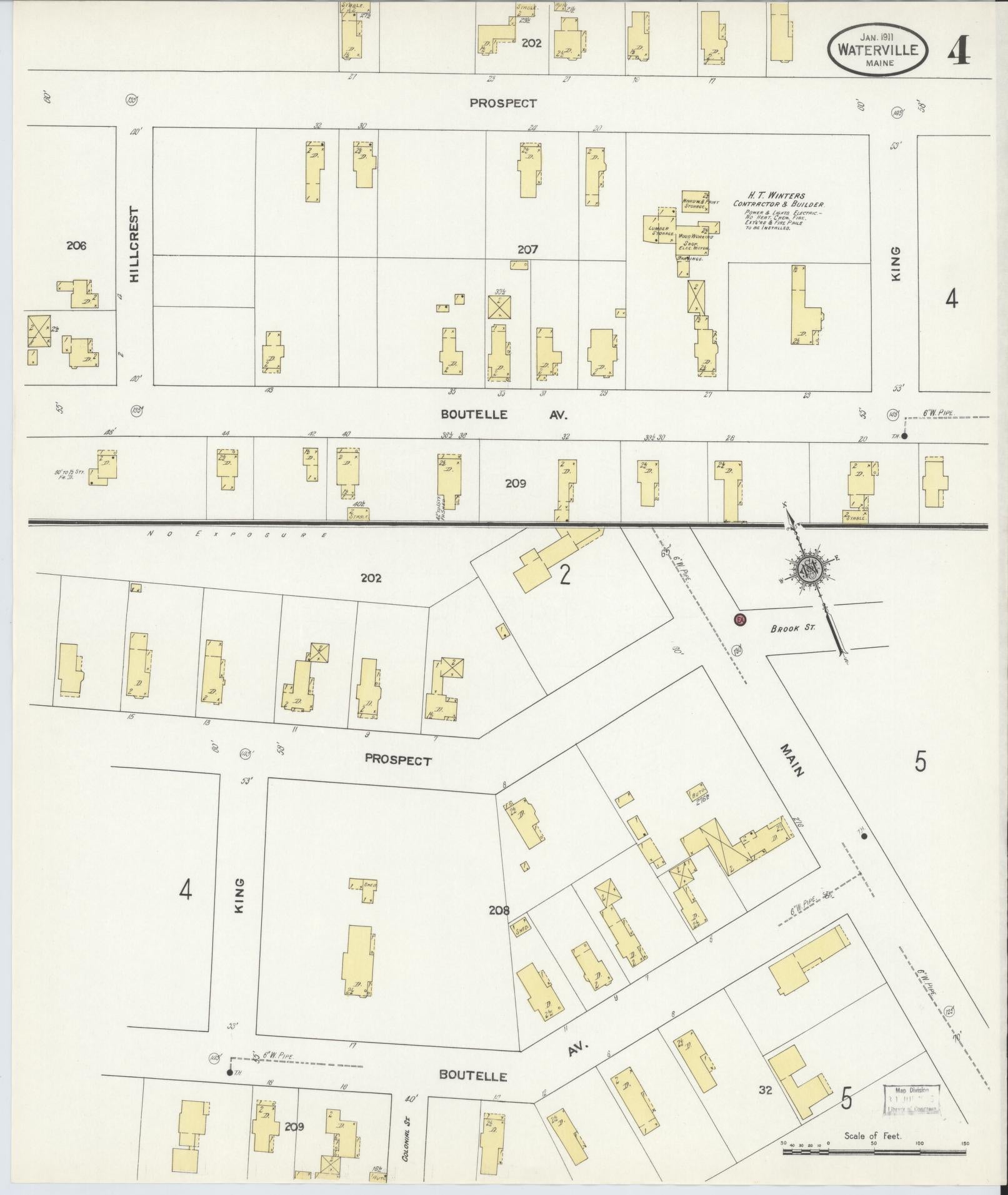 Sanborn Fire Insurance Map from Waterville, Kennebec County, Maine (1911), Sheet #0004 - Historic Sanborn Fire Insurance Map Print, vintage old map wall art, antique decor, genealogy gift, Maine Maine map