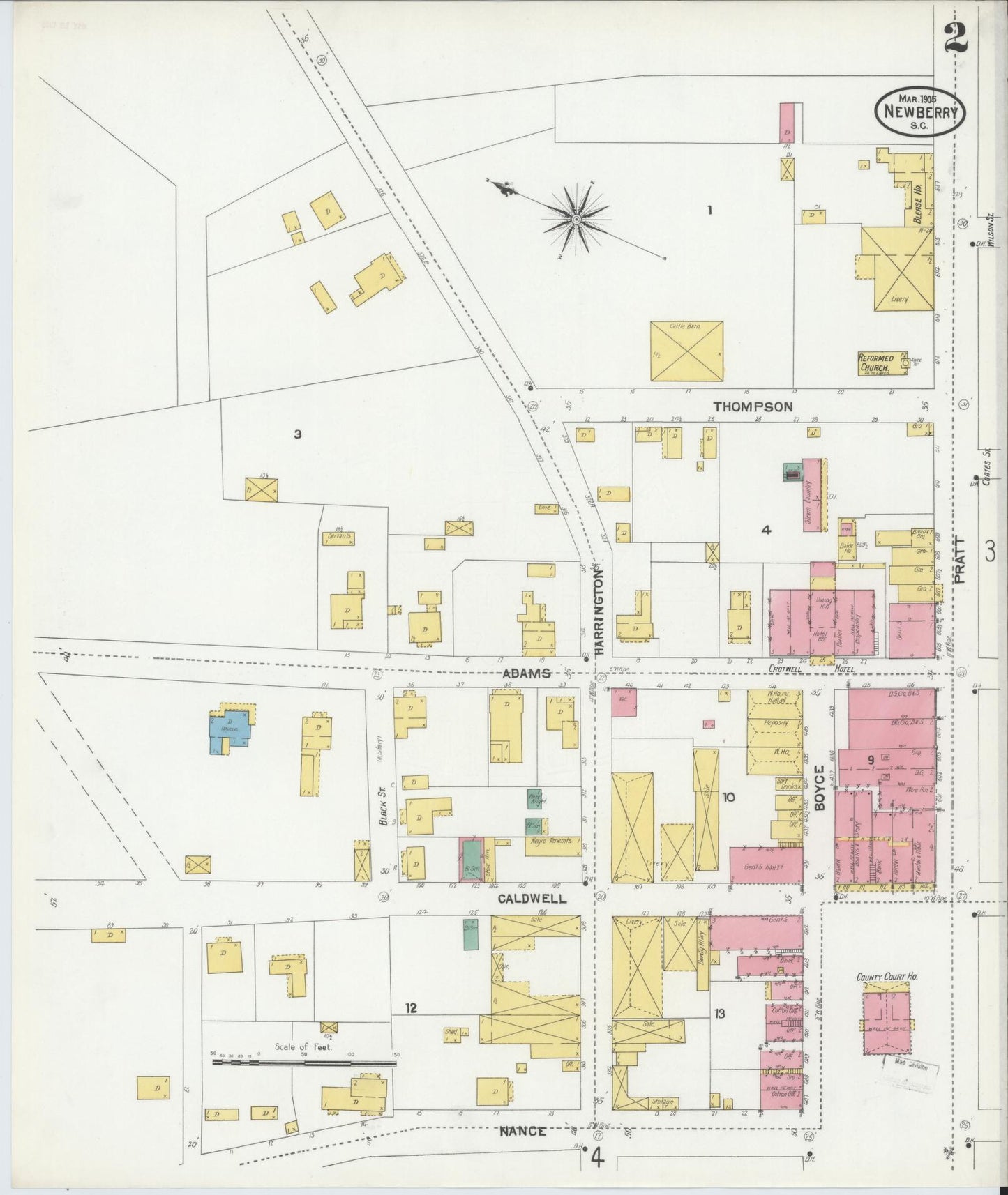 Sanborn Fire Insurance Map from Newberry, Newberry County, South Carolina (1905), Sheet #0002 - Complete Map Set gallery image, historic Sanborn map, vintage wall art, South Carolina South Carolina