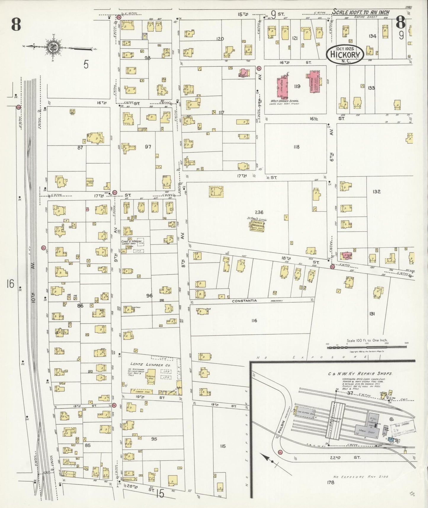 Sanborn Fire Insurance Map from Hickory, Catawba County, North Carolina (1925), Sheet #0008 - Historic Sanborn Fire Insurance Map Print, vintage old map wall art, antique decor, genealogy gift, North Carolina North Carolina map