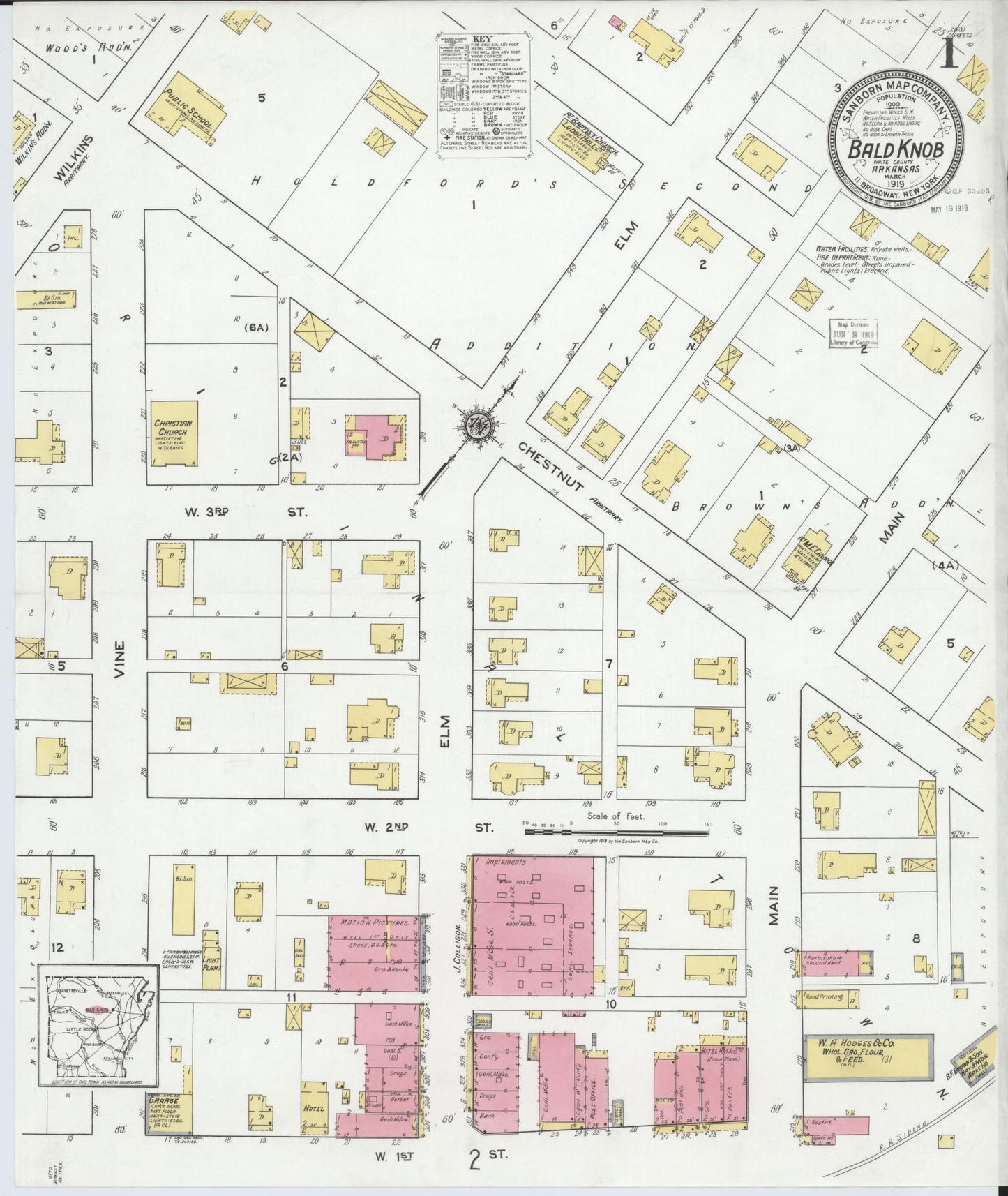 Sanborn Fire Insurance Map from Bald Knob, White County, Arkansas (1919), Sheet #0001 - Historic Sanborn Fire Insurance Map Print, vintage old map wall art, antique decor, genealogy gift, Arkansas Arkansas map