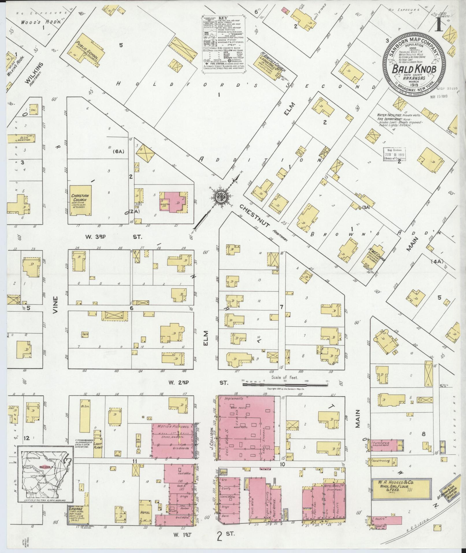Sanborn Fire Insurance Map from Bald Knob, White County, Arkansas (1919), Sheet #0001 - Historic Sanborn Fire Insurance Map Print, vintage old map wall art, antique decor, genealogy gift, Arkansas Arkansas map